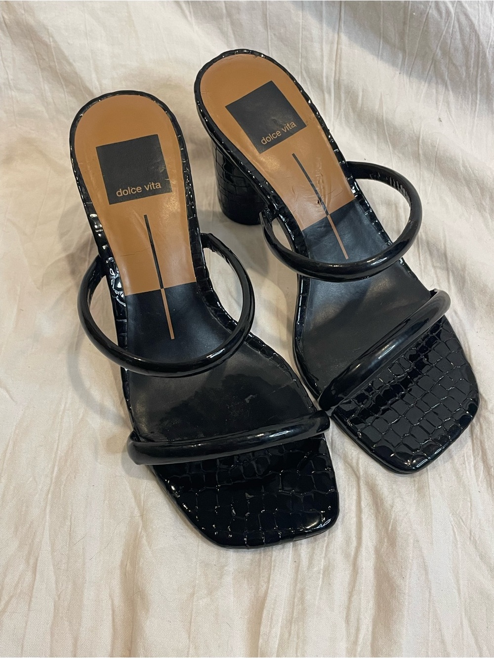 Dolce Vita Black Patent Croc-Embossed Double Strap Block Heel Sandals